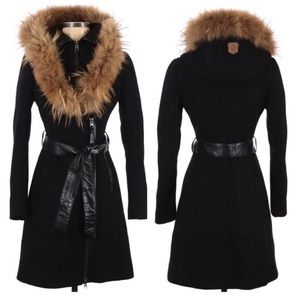 MACKAGE Belted Wool Coat w Fur Hood M only worn once!